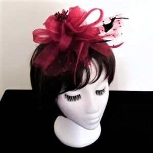 Burgandy Fascinator Headpiece w/Looped Tulle Beading & Feathers Derby Church